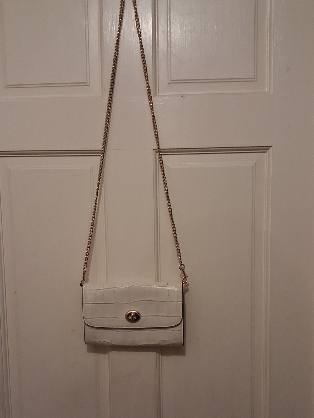Coach Marlow White Croc-Embossed Chain Crossbody Bag